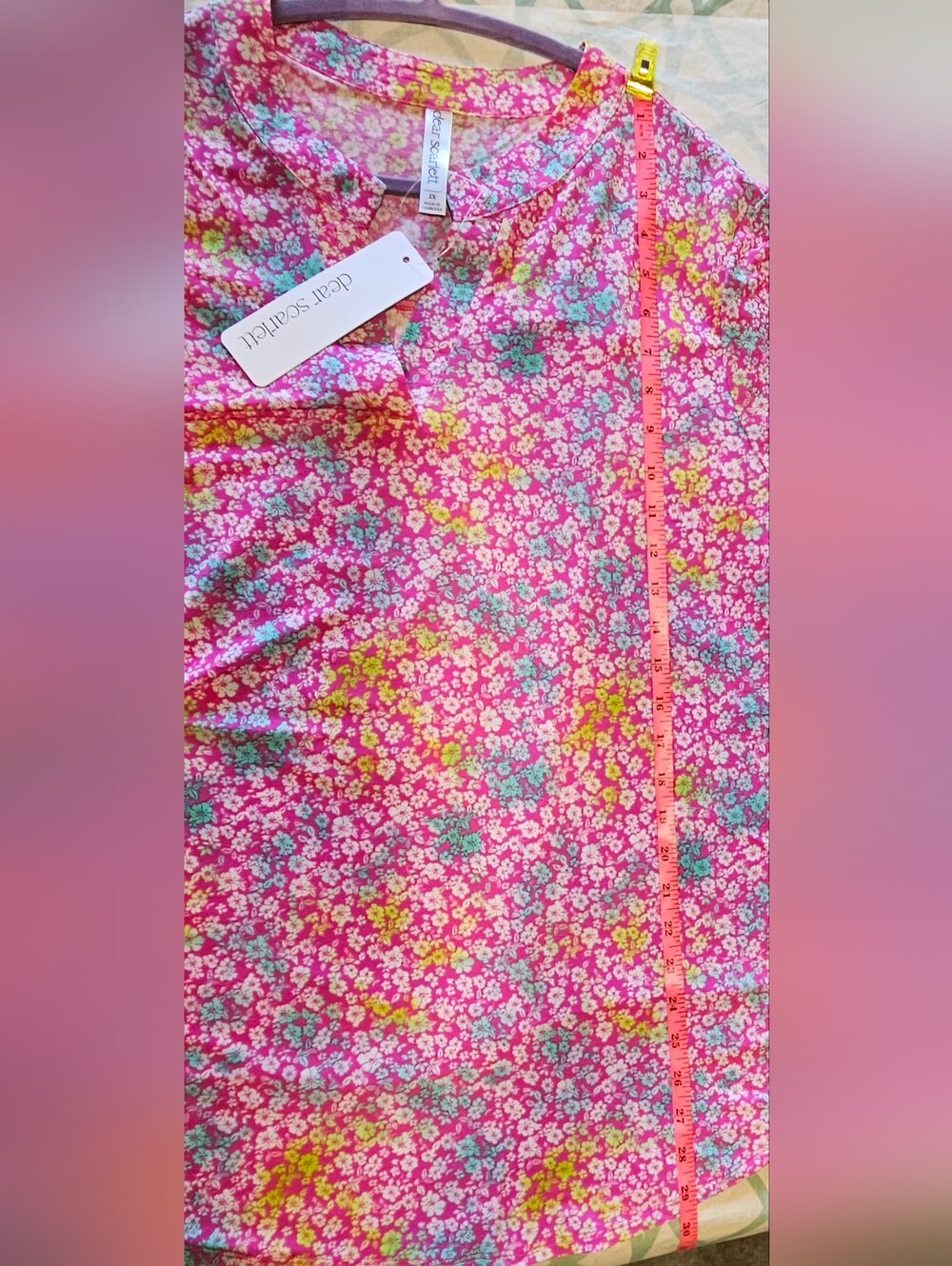 Dear Scarlett Lizzy Relaxed Flowy V-Neck Pink Floral Roll-Tab Tunic Size 2X NWT - Picture 9 of 9